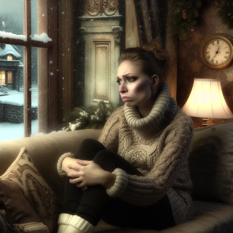 Een jonge vrouw op een comfortabele sofa kijkt bedroefd uit het raam terwijl sneeuwvlokken vallen.
