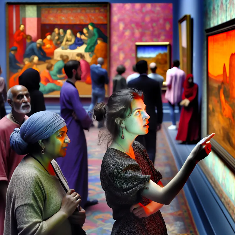 Jonge vrouw verkent enthousiast een moderne kunstgalerie vol kleurrijke kunstwerken.