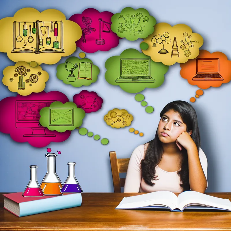 Een jonge vrouw zit aan een houten tafel en kijkt nadenkend naar een open boek met diagrammen van verschillende universitair cursussen, omringd door kleurrijke denkbellen.