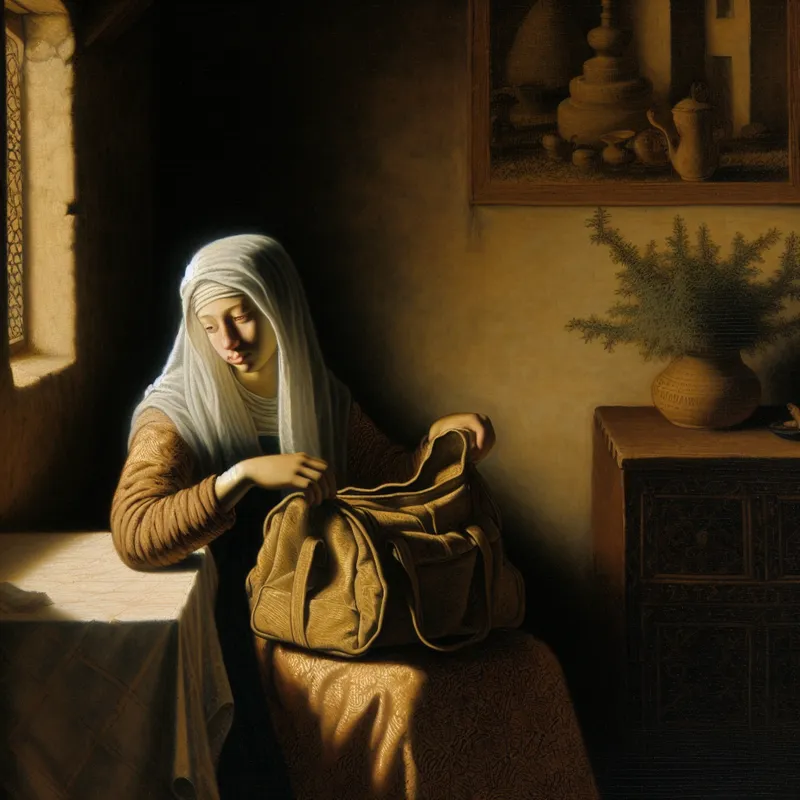 Jonge vrouw zit aan tafel, kijkt nieuwsgierig naar haar open tas met onduidelijke voorwerpen.