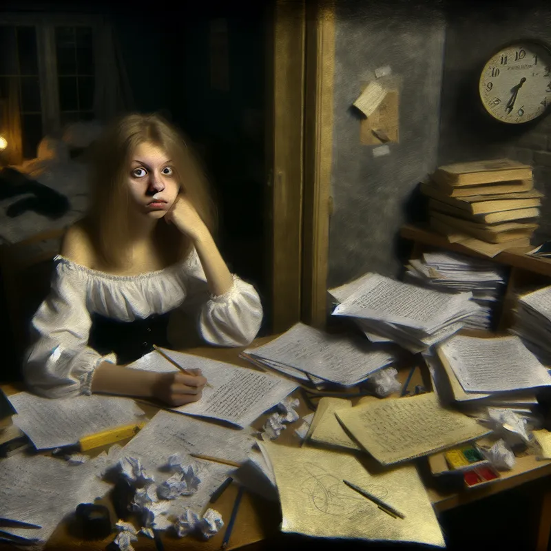 Jonge vrouw aan een rommelige bureau met schoolboeken, papier en onafgemaakte opdrachten, met een gezicht dat verveling uitdrukt.