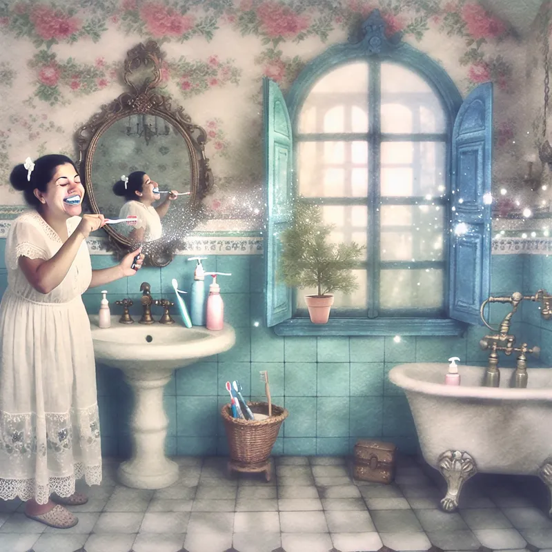 Een jonge vrouw poetst vrolijk haar tanden in een vintage badkamer met antieke details en zachte verlichting.