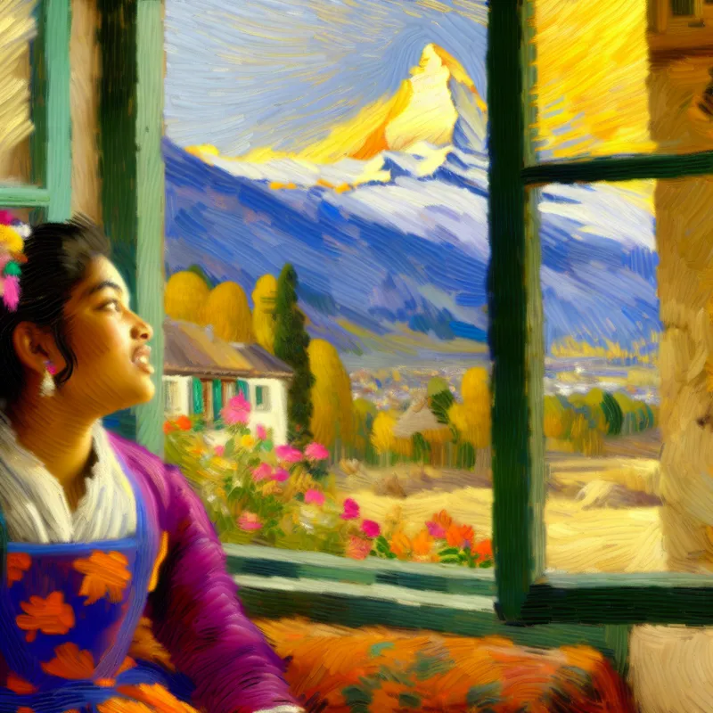 Portret van een jonge vrouw die uit haar raam kijkt naar een berglandschap in gouden zonlicht.