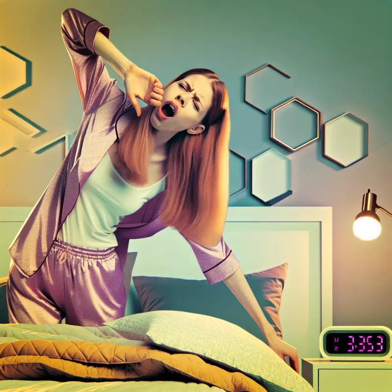 Jonge vrouw met slaperige ogen gaapt en strekt zich uit in gezellige pyjama's