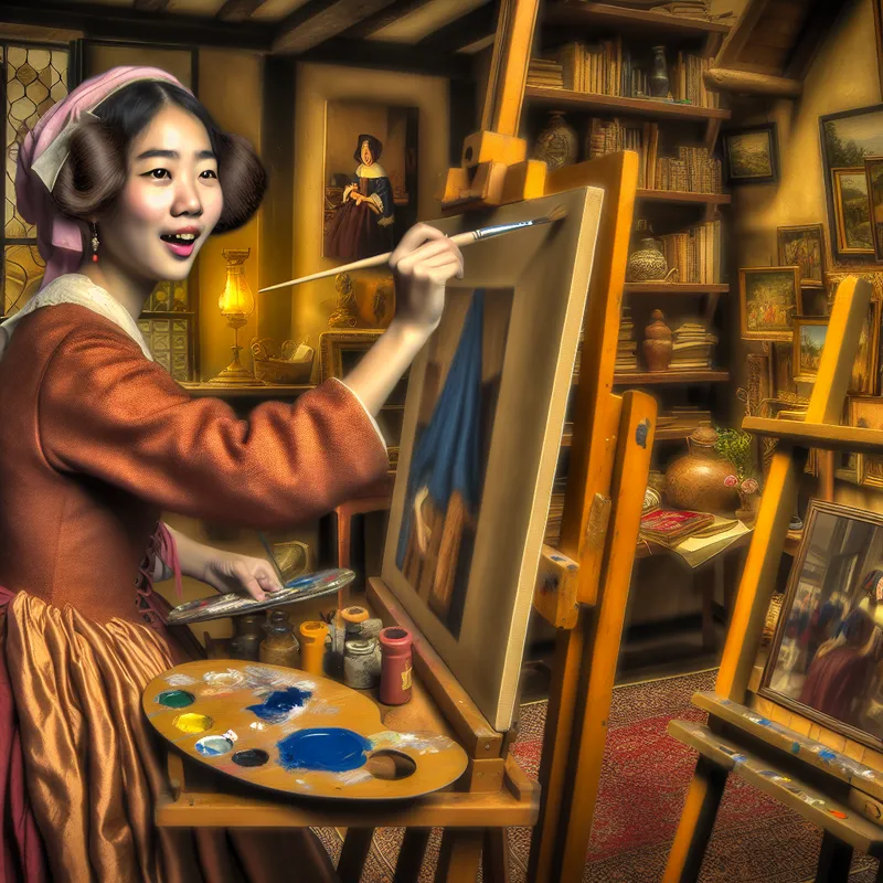 Jonge vrouw schildert aan ezel in artistieke omgeving met warme verlichting en kunstbenodigdheden