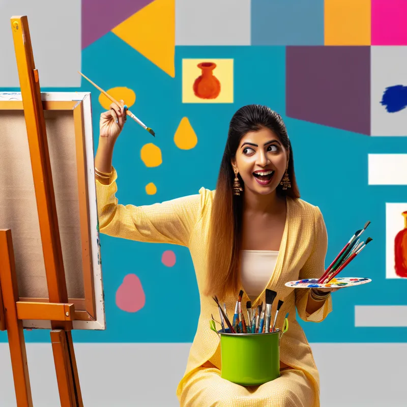 Een jonge vrouw schildert zelfverzekerd aan een ezel omringd door verf en penselen, met een kleurrijke abstracte achtergrond die verschillende schilderstijlen toont.