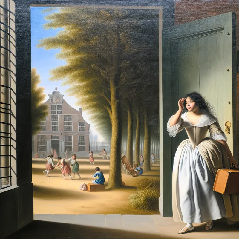 Een jonge vrouw met een koffer bij de ingang van een schoolgebouw, kijkt om terwijl kinderen buiten spelen.