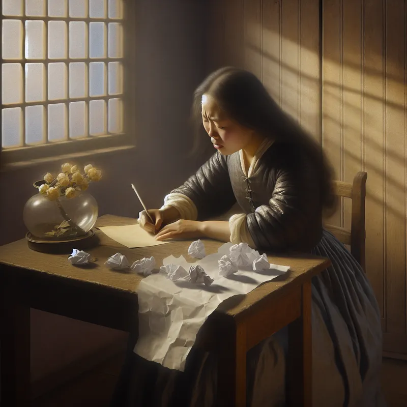 Een jonge vrouw schrijft een hartverwarmende brief aan een houten tafel, omringd door een warme gloed van licht.