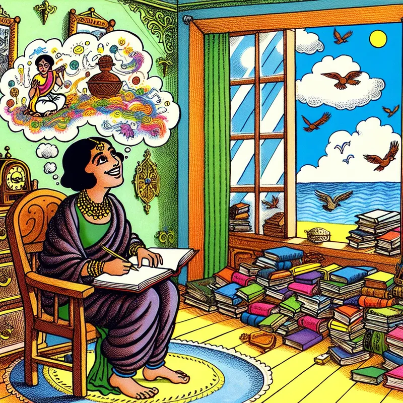 Een jonge vrouw schrijft vrolijk in een schrift in een zonnige kamer vol boeken, omringd door gedachtenbellen met kleurrijke ideeën, die onafhankelijkheid en creativiteit symboliseren.