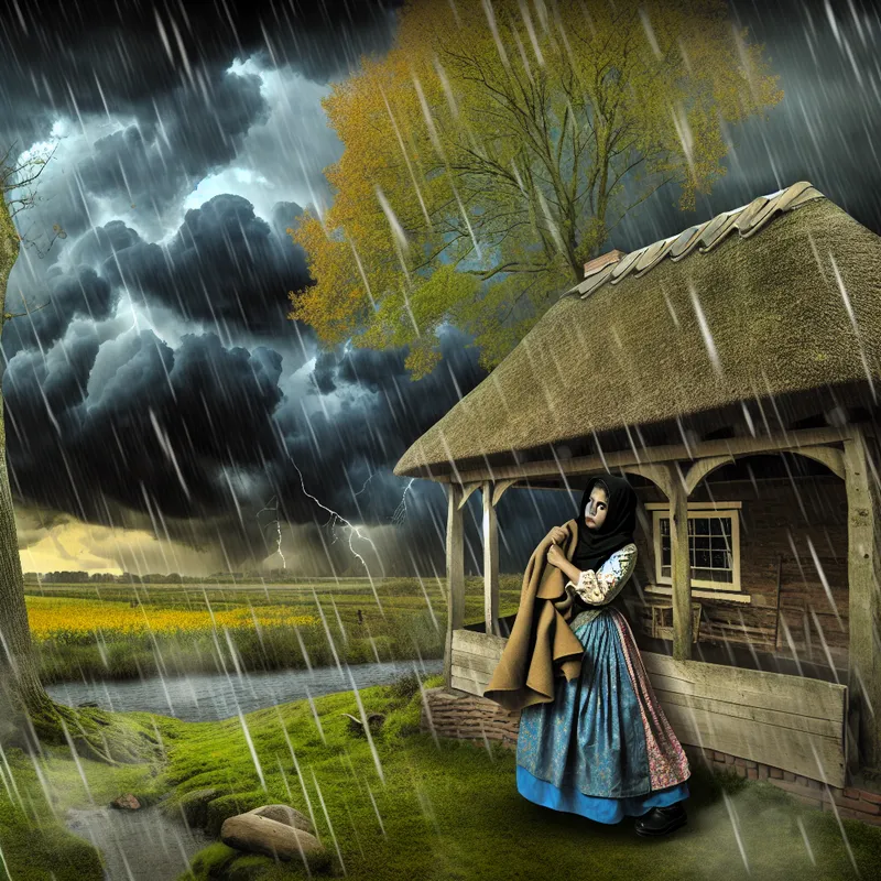 Een jonge vrouw schuilt onder een rustieke overkapping tijdens een storm met donkere, draaiende wolken en stortregen.