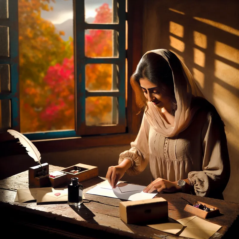 Jonge vrouw aan bureau met brieven en inkt, solliciterend voor een onderwijzersfunctie.