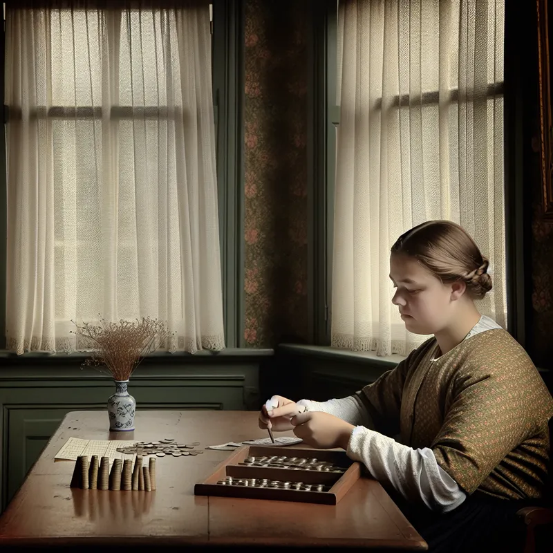 Jonge vrouw at een houten tafel, tellende munten en schrijvende in een notitieboek, met een gefocuste uitdrukking.