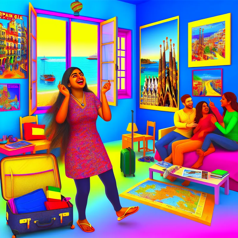 Jonge vrouw die zich voorbereidt op haar stage in Spanje, omringd door reisbenodigdheden zoals een koffer en een kaart van Spanje.