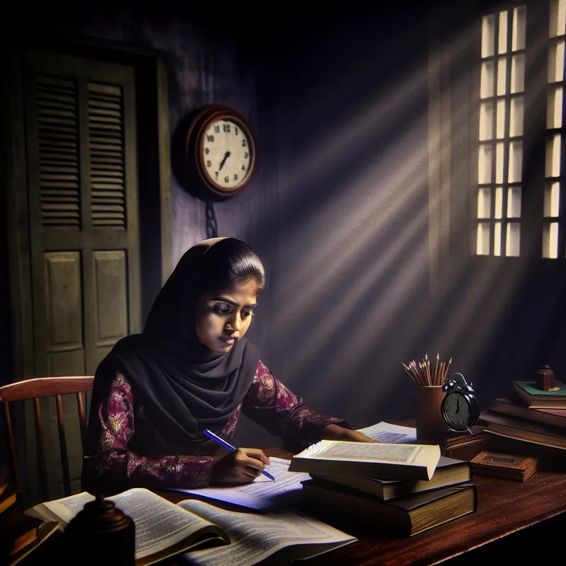 Een jonge vrouw zit geconcentreerd aan een bureau vol studieboeken en examenpapier terwijl ze haar antwoorden opd schrijft, omringd door dramatisch licht.