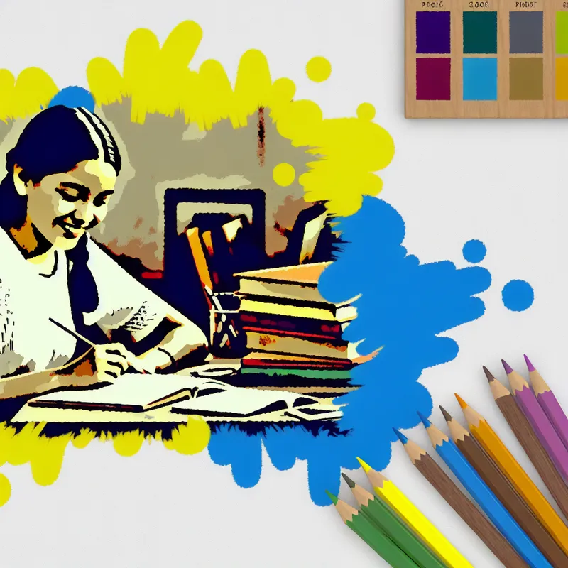 Jonge vrouw met een blije uitdrukking studeert aan een bureau, omringd door kleurrijke boeken en schoolbenodigdheden