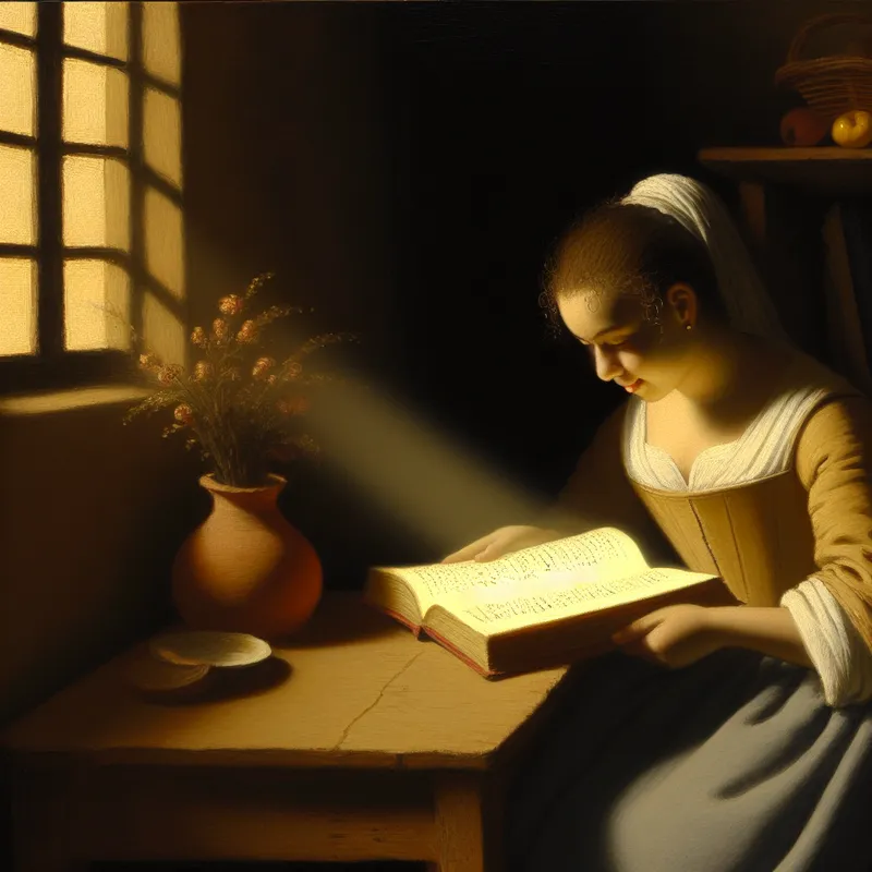 Een jonge vrouw die geconcentreerd een opengeslagen boek bestudeert aan een houten tafel, met zacht licht dat door een raam valt.