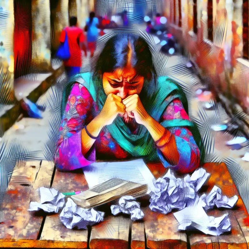 Een jonge vrouw zit met haar hoofd in haar handen aan een houten tafel, omringd door verfrommelde papieren en boeken, in een sfeer van onrust en druk.