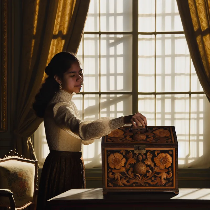 Een jonge vrouw tilt gracieus een versierd houten doos van een tafel.