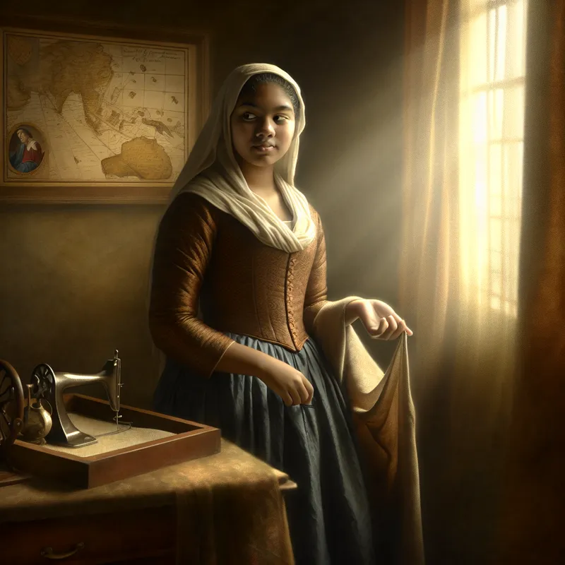 Jonge vrouw in historische kleding met een gevoel van trots, staand in een zonovergoten kamer met zachte details en warme kleuren, symboliserend eer in haar werk