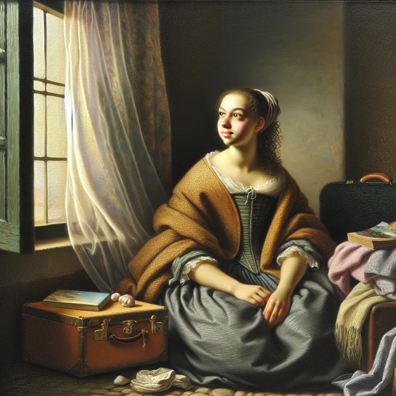 Jonge vrouw zit naast een raam en kijkt hoopvol naar buiten, omringd door zachte en gedempte kleuren.