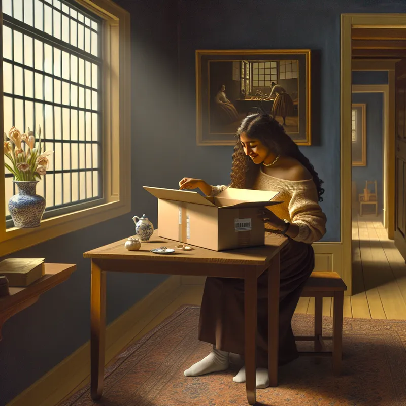 Jonge vrouw die een fiets uit een doos uitpakt aan een houten tafel, verlicht door natuurlijk licht