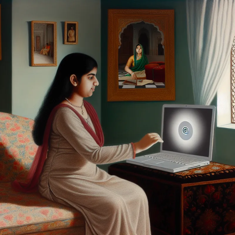 Een jonge vrouw zit in een gezellige, elegant ingerichte kamer en uploadt videomateriaal naar haar computer met de YouTube-logo zichtbaar op het scherm.