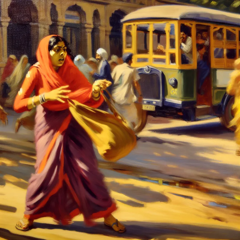 Jonge vrouw pakt snel haar tas vast voor ze de bus instapt in een levendige straatscène.