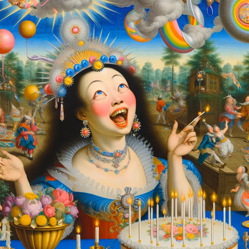 Jonge vrouw met feestelijke outfit viert haar verjaardag in een zonnige tuin, omringd door vrienden en ballonnen, terwijl ze kaarsjes uitblaast op haar verjaardagstaart.