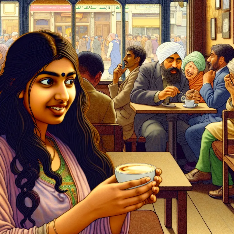 Jonge vrouw met een koffiekopje in een gezellig café, kijkt verwachtingsvol naar een man die in zijn telefoon is verdiept.