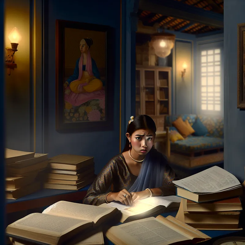Jonge vrouw die met een verlangende blik naar haar boeken kijkt, zittend aan een tafel in een serene kamer.