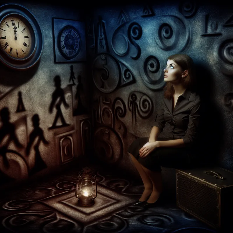 Een jonge vrouw in een schemerige kamer, kijkend naar een oude klok terwijl ze wacht op bezoekers.