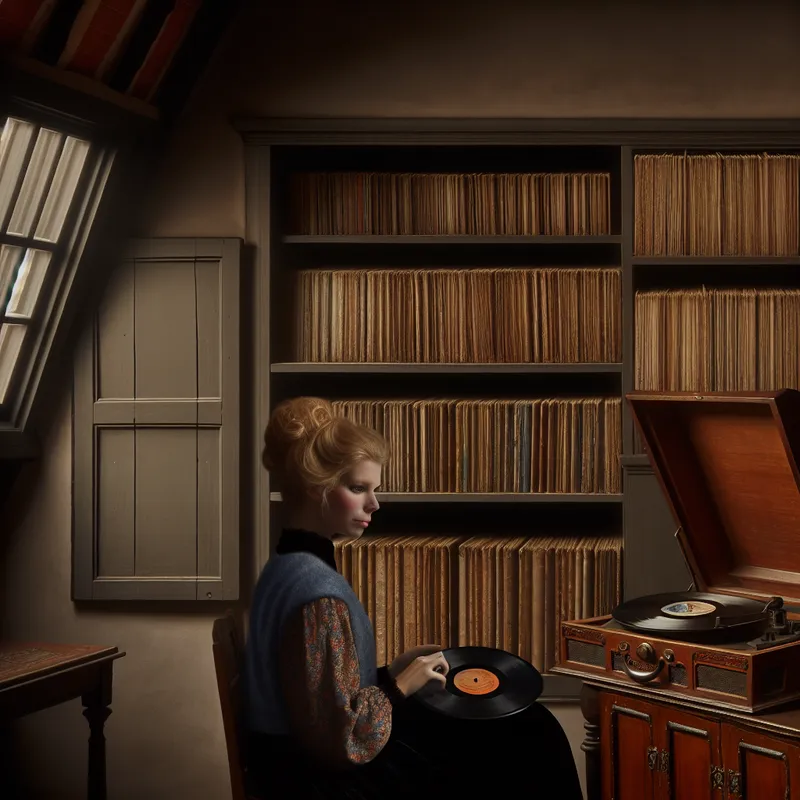 Een jonge vrouw plaatst voorzichtig een vinylplaat op een vintage draaitafel in een rustige kamer met natuurlijk licht.