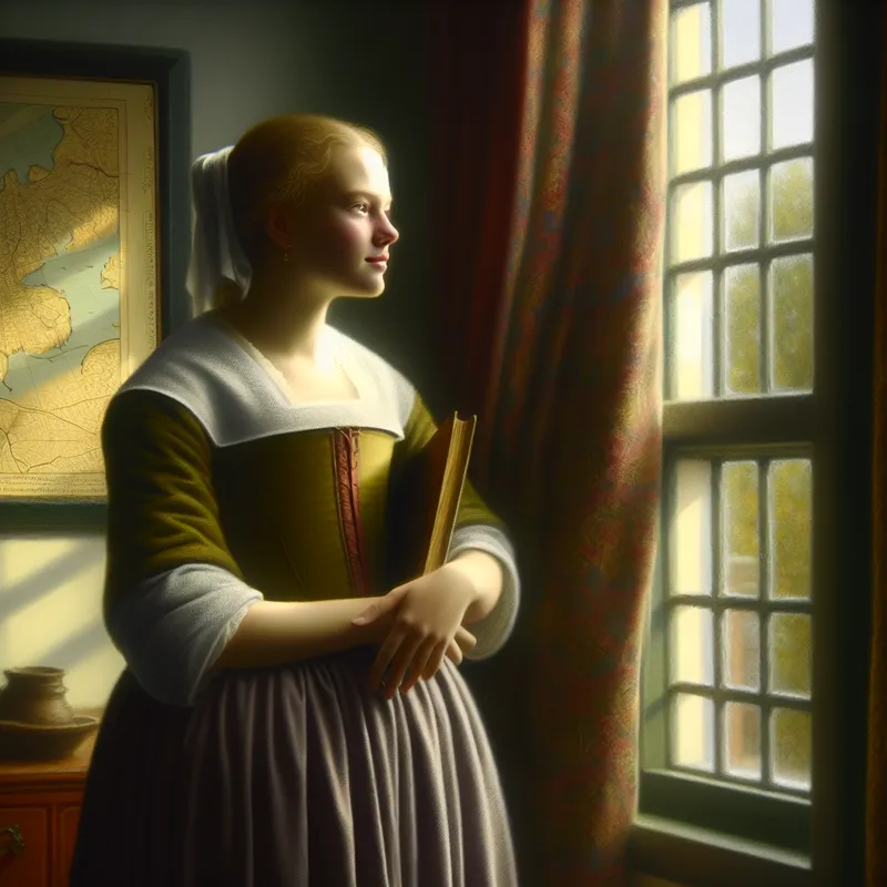 Jonge vrouw in gedachten verzonken bij een zonnig raam in een klassiek Hollands interieur, met een brief of boek in haar hand, symboliserend het vormen van een mening