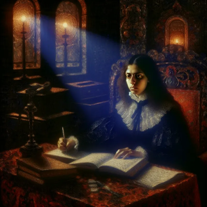 Jonge vrouw schrijft geconcentreerd in een donkere kamer met een enkele lichtstraal, omringd door schaduwen die onzekerheid uitstralen, maar met een zelfverzekerde uitdrukking.