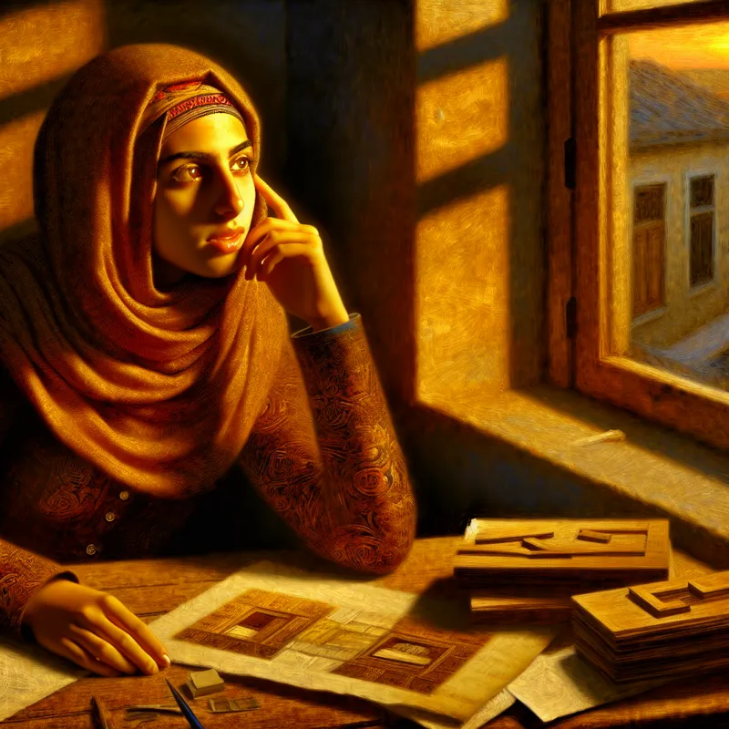 Jonge vrouw die nadenkt aan een houten tafel, met haar hand op haar kin, terwijl ze naar buiten kijkt.