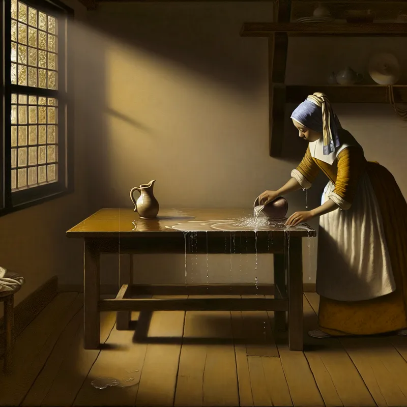 Jonge vrouw spoelt een houten tafel schoon met water uit een kan in een rustige keuken, Vermeer-stijl schilderij