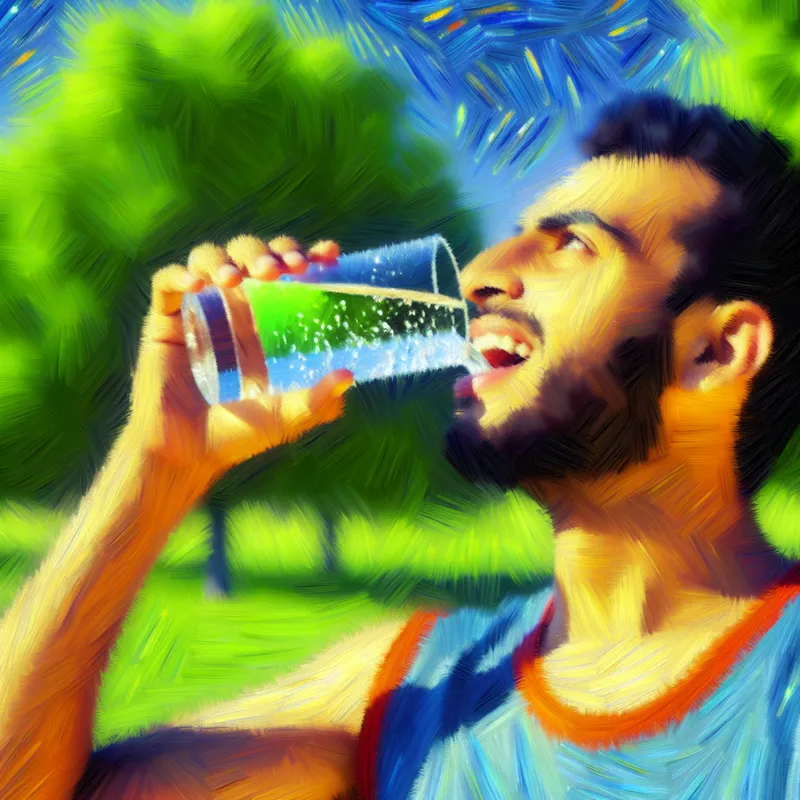 Jongeman drinkt een glas helder water na het sporten in een zonnig park, met zweet op zijn voorhoofd.