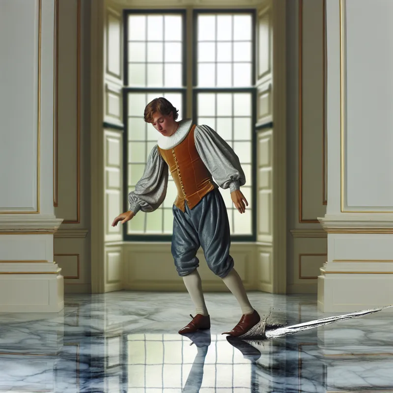Jonge man in 17e-eeuwse Nederlandse kleding glijdt per ongeluk uit op een glanzende marmeren vloer met natte plekken, armen gespreid voor balans