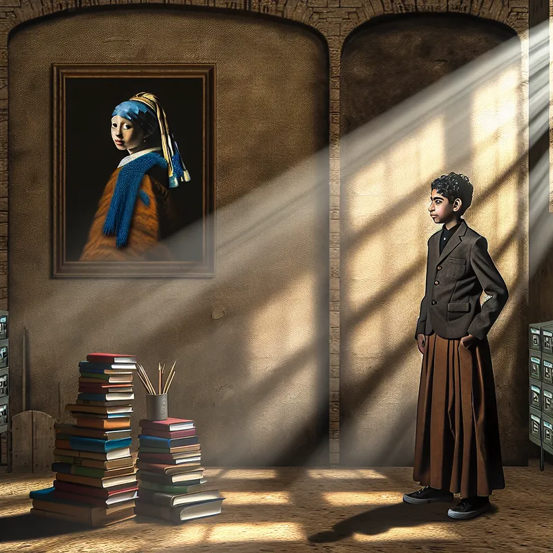 Een jong persoon in schooluniform staat zelfverzekerd in een schoolgang, omgeven door boeken en met een vastberaden uitdrukking.