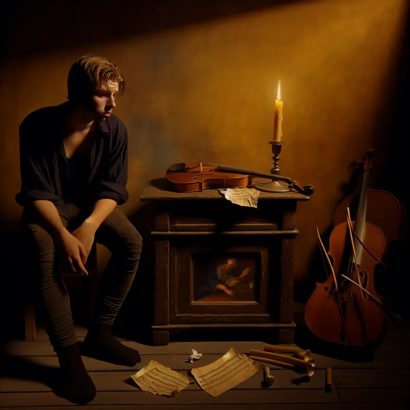 Jongeman met een crumpled concertticket in zijn hand, zittend in een schaduwrijke kamer, met een kaars die een warm licht werpt en diepe schaduwen creëert.