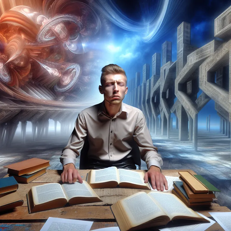 Een jonge man zittend aan een lege houten tafel, omringd door boeken en papieren over taal leren, met een geconcentreerde en pijnlijke uitdrukking op zijn gezicht.