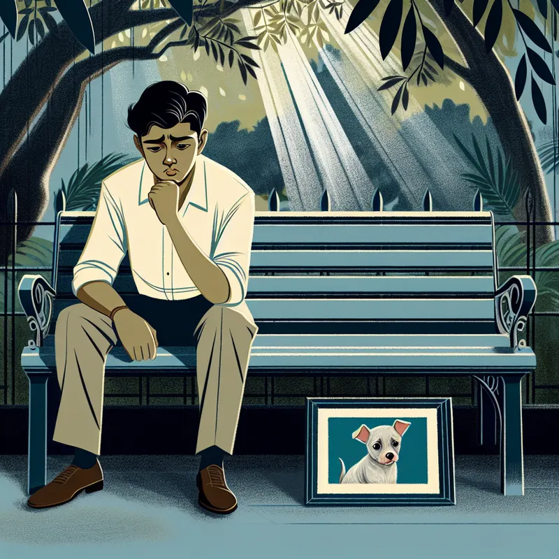 Jonge man op een bank in het park met een melancholische uitdrukking, naast een ingelijste foto van een kleine hond.