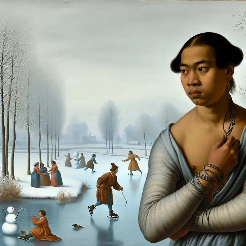 Een jonge man staat nadenkend op een bevroren vijver omringd door vrolijk schaatsende mensen in een winterlandschap.