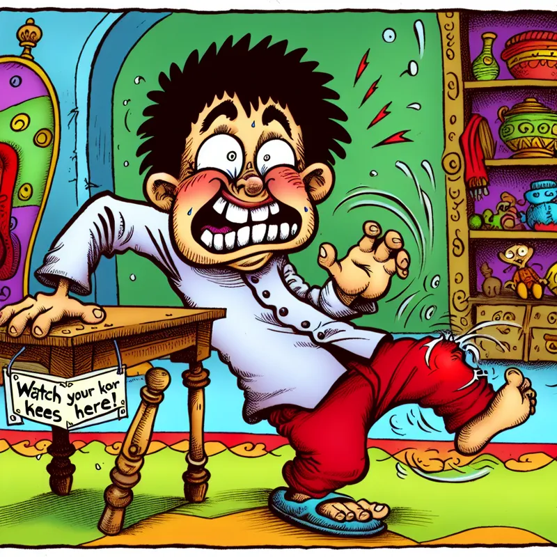 Een cartoonachtig beeld van een jongen die een pijnlijke grimace maakt nadat hij zijn knie tegen de poten van een tafel heeft gestoten.