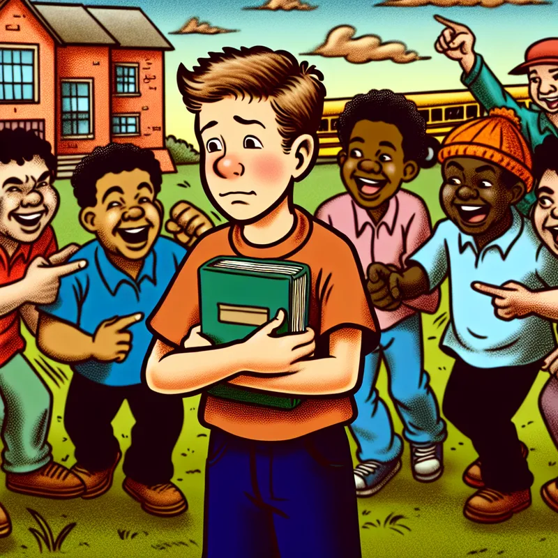 Een cartoonillustratie van een jonge jongen in een schoolyard, omringd door andere kinderen die lachen en wijzen, terwijl hij een boek vasthoudt en een vastberaden uitdrukking heeft.