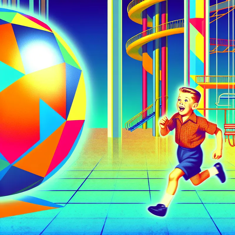 Jongen die energiek een grote, kleurrijke bal achterna zit op een speelse speeltuin met geometrische vormen