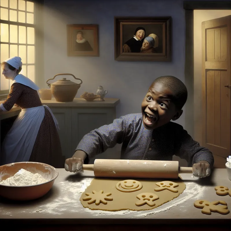 Jongen worstelt om koekjes te bakken in een gezellige keuken met bloem op het aanrecht.