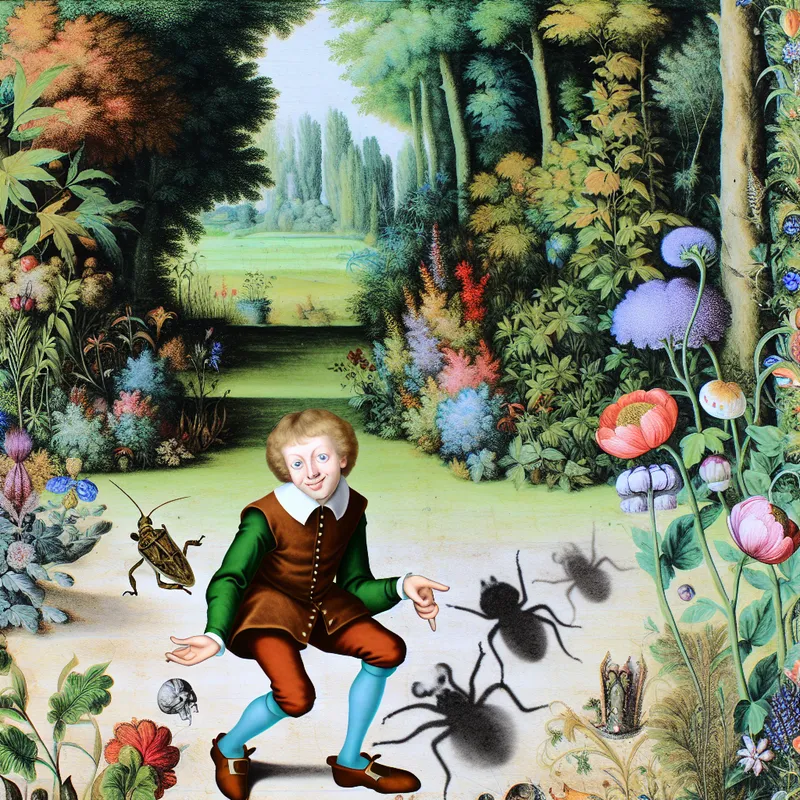 Een jonge jongen met een klein, schattig baardje poseert speels in een levendige tuin vol kleurrijke bloemen en weelderig groen, met een vleugje schaduw voor een mysterieuze sfeer.