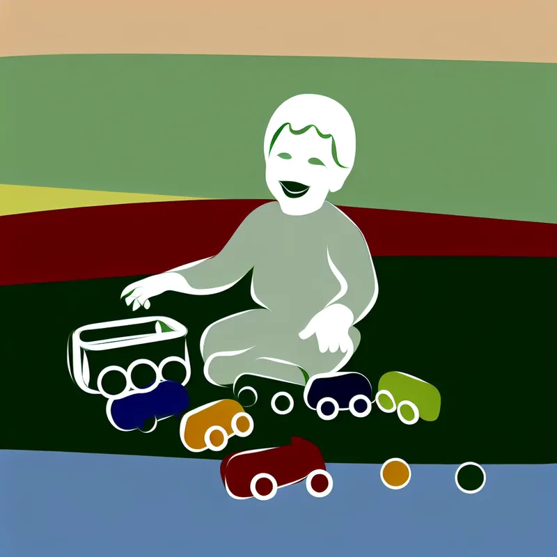 Kleine jongen speelt gelukkig met kleurrijke speelgoedauto's in een vrolijke omgeving.