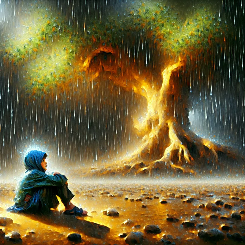 Een jongen die zich onder een grote boom hield terwijl zware regen valt, met een hyper-realistische stijl.